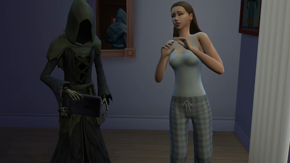 The Grim Reaper arrives beside a nervous Sim