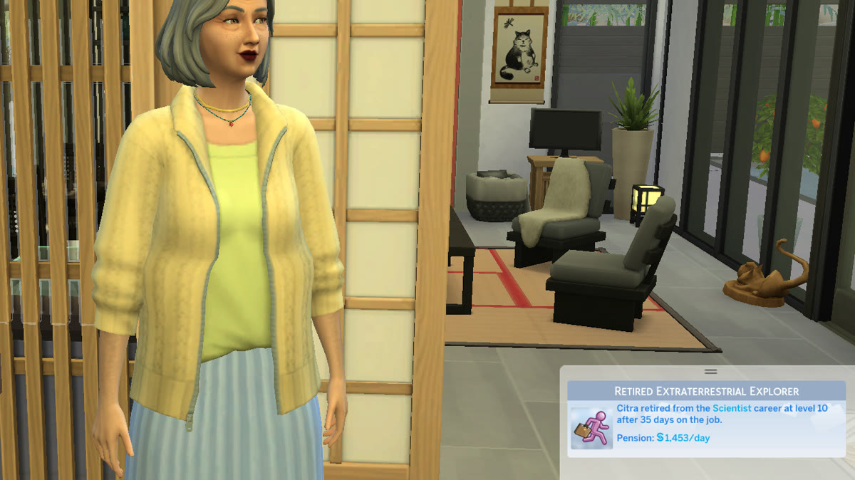 A retired Sim's career panel: Retired Extraterrestrial Explorer, with level, days worked and pension